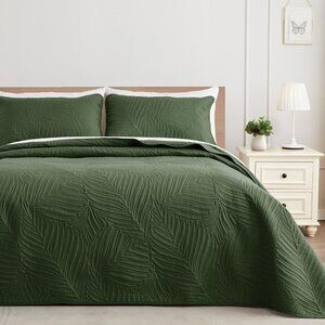 Olive Green Quilt King Size Bedding Set Leaf